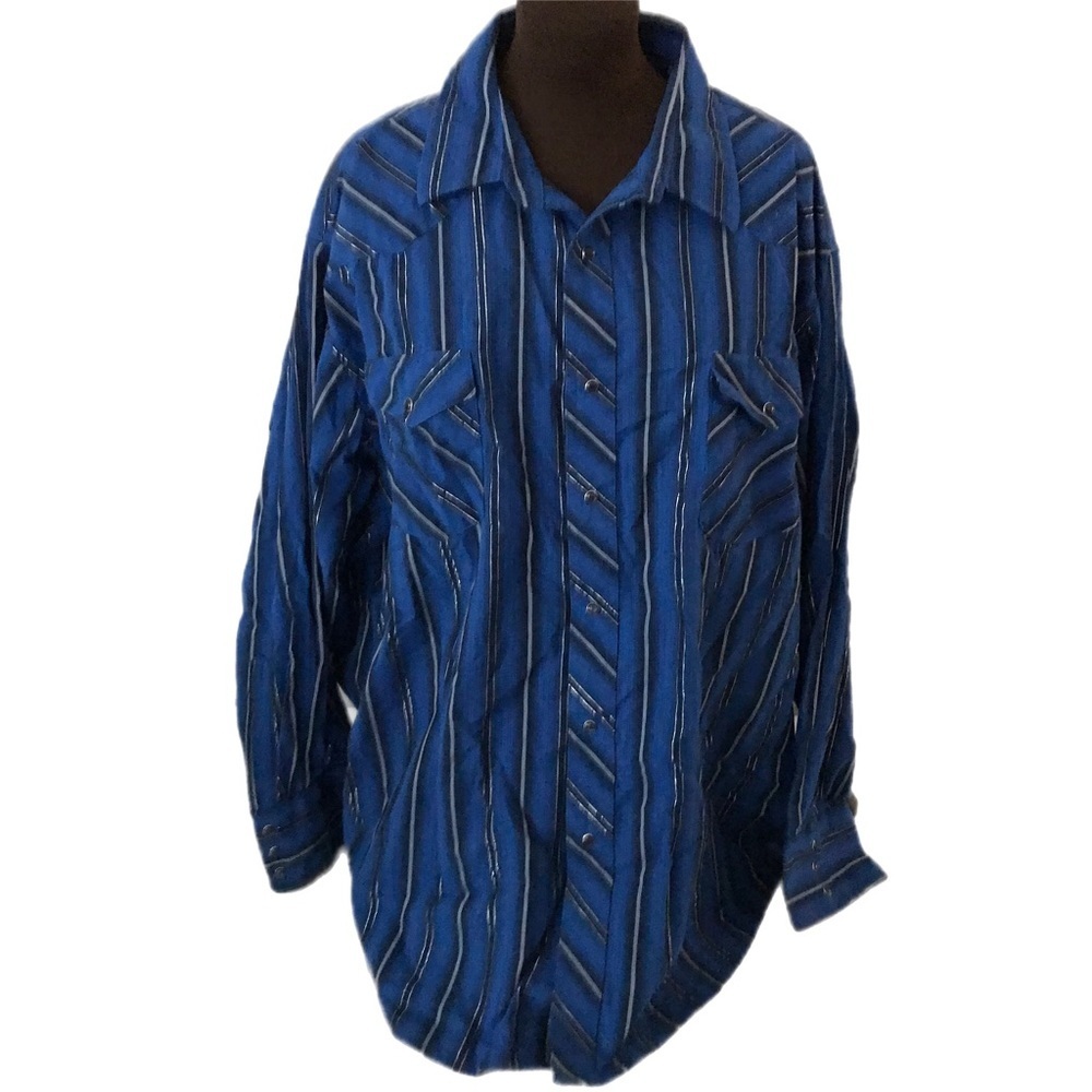 Wrangler Western Premium Snap Button Shirt Size 2XL Blue and Silver Stripes EUC
